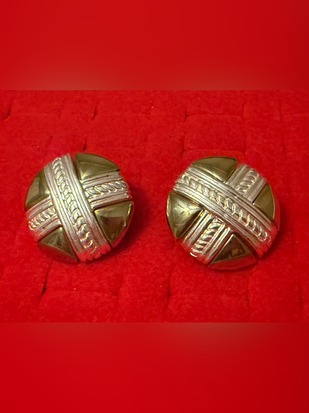 Vintage 80s Button Gold and Silver Tone Braided Round Stud Earrings